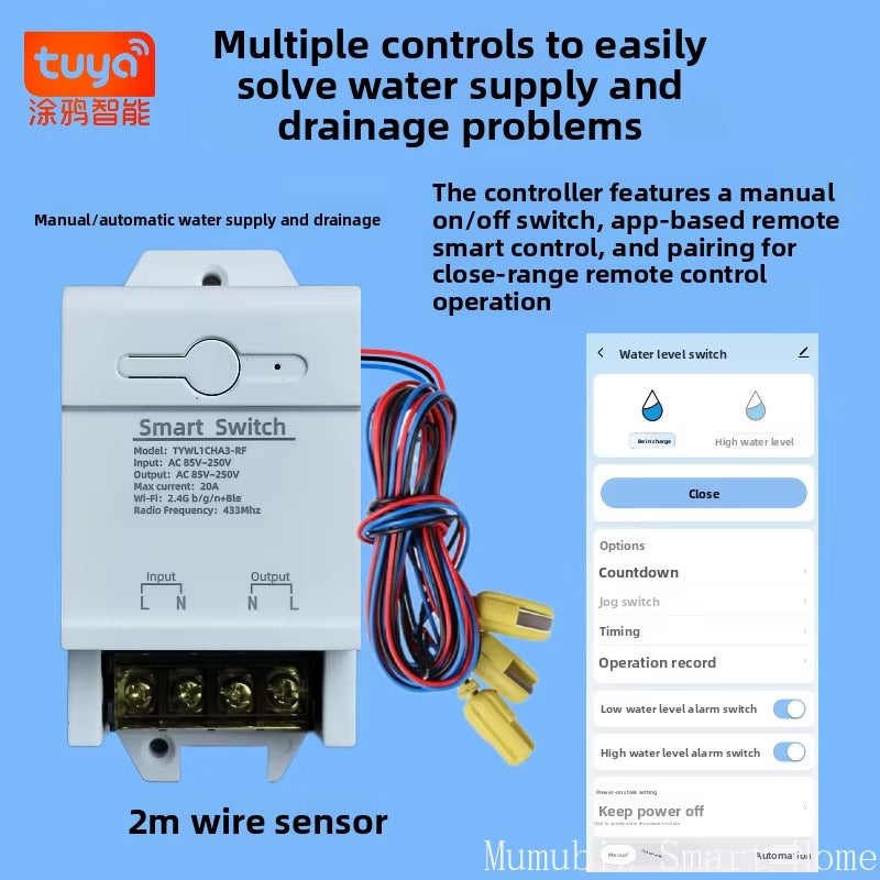 Tuya WiFi Water Level Controller 433MHz RF Relay Switch APP Remote Alexa Voice Auto Supply Drain for Water Tank Pump
